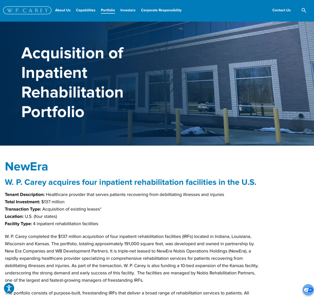 NEWS-Acquisition of Inpatient Rehabilitation Portfolio