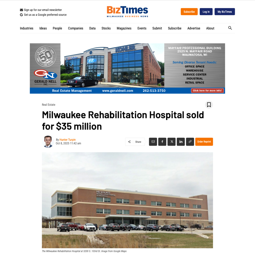 NEWS-Milwaukee Rehabilitation Hospital sold for $35 million